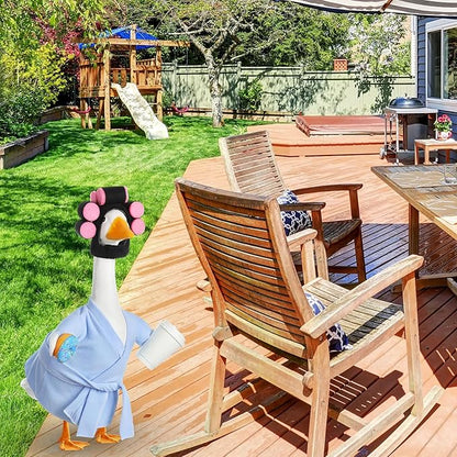 Shyyween Spring Porch Goose Outfits 23 Inch Lady Plastic Porch Goose Outfit Winter Pjs Light Blue Bathrobe Coffee Cup Curlers Cement Concrete Lawn Geese House Summer Statue Clothes
