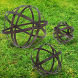 3 PCS Garden Spheres Balls Assorted Size Distressed Metal Band Decorative Sphere Folding Orbs Sculpture for Outdoor Indoor Decorations 7" 10" 12" Diameter (Rusty)