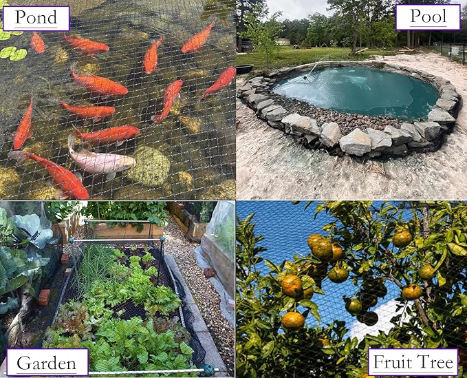 JUNFLYING 20x40 Ft Pond Netting for Leaves, 1/2 in Fine Mesh, Strong Woven Koi Fish Net Cover, Against Birds, Cats & Predators, Stakes Included