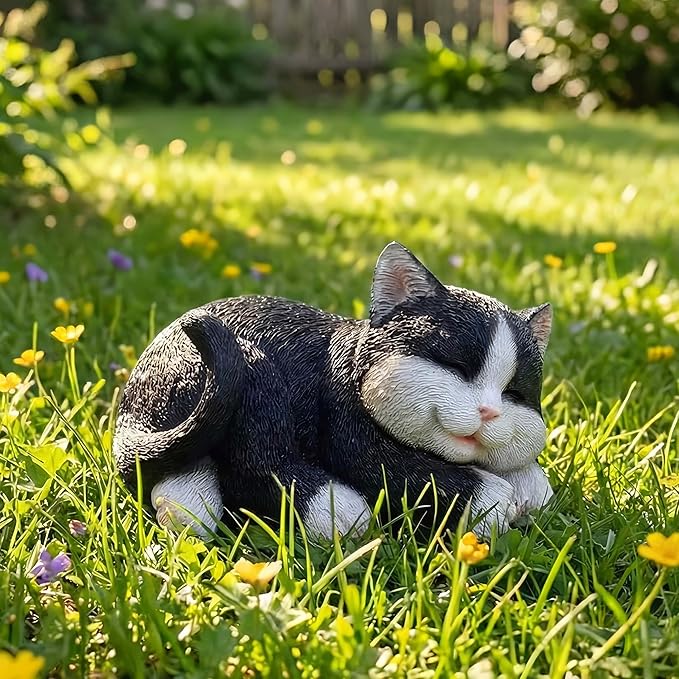 Sleeping Black Tabby Garden Statue - Resin Realistic Mini Cat Sculpture, Pet Loss Memorial Stone, for Cat Lovers, Indoor/Outdoor Decor, Animal Figurine for Yard Ornaments