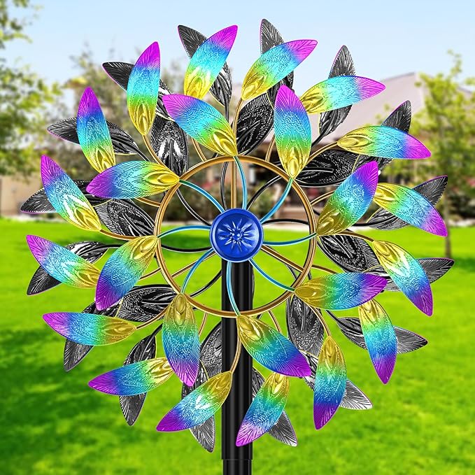 Metal Outdoor Wind Spinner, 2-Way Wind Sculpture Spinner with Metal Stake, Waterproof 360 Degrees Kinetic Windmill Art Decoration for Patio Garden Lawn (A- Colorful)