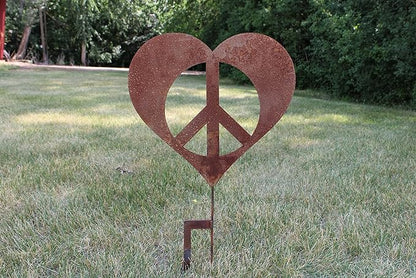 Peace and Heart Staked Signs or Wall Art Rustic or Powder Coated Finishes (Peace Heart Large Stake 28", Naturally Rusted)