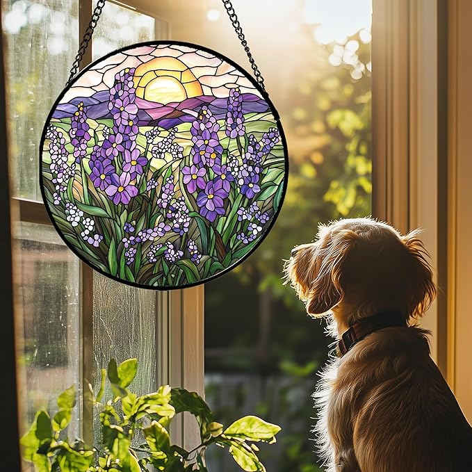 Stained Glass Window Hanging - Purple Lavender Suncatcher for Door Terrace Garden Home Decor Plant Flowers Landscape Sun Catcher Birthday Gifts for Lovers Women Men Dad Mom Nana 7.8 in