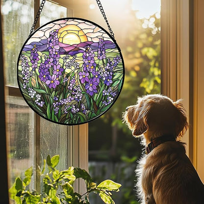 Stained Glass Window Hanging - Purple Lavender Suncatcher for Door Terrace Garden Home Decor Plant Flowers Landscape Sun Catcher Birthday Gifts for Lovers Women Men Dad Mom Nana 7.8 in