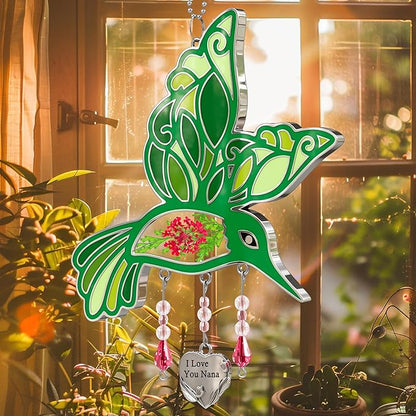 KY&BOSAM I Love You Nana Hummingbird Suncatcher Glass Suncatchers for Windows Hanging Ornament Wind Chime Pressed Drived Flowers and Metal Heart Charm Birthday Gifts for Nana Mothers Day Christmas