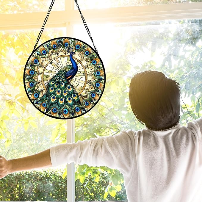 DASTOLL Stained Glass Window Hanging - Retro Peacock Decoration Suncatcher for Door Garden Home Bird Feather Sun Catchers Christmas Mother's Day Birthday Gifts for Women Men Mom Nana Friend 11.8 in