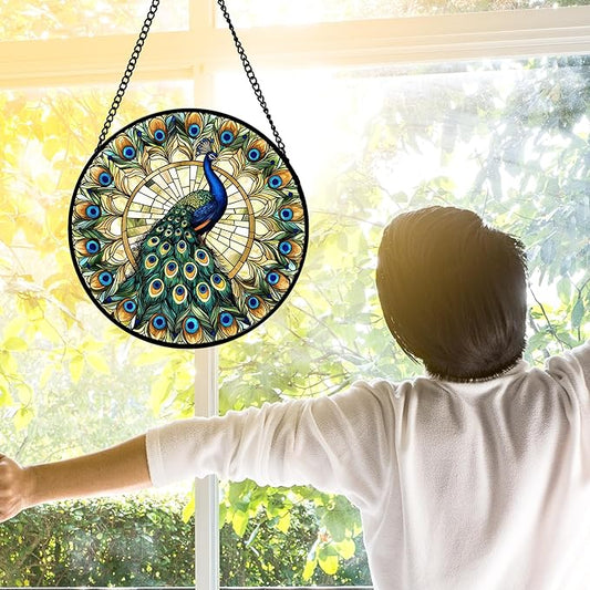 DASTOLL Stained Glass Window Hanging - Retro Peacock Decoration Suncatcher for Door Garden Home Bird Feather Sun Catchers Christmas Mother's Day Birthday Gifts for Women Men Mom Nana Friend 6.3 in
