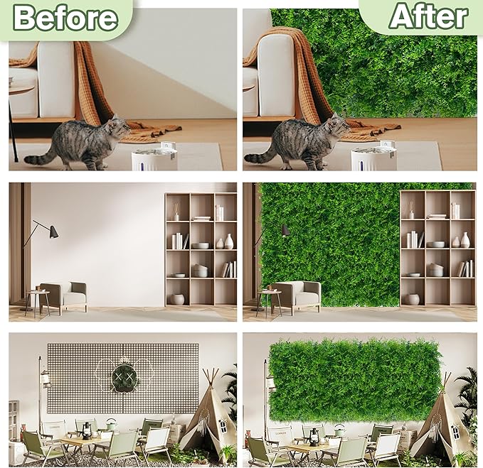 Greenery Faux Grass Wall Backdrop: 48"x128" (43 SQFT) UV-Anti Artificial Green Boxwood Panel for Patio Balcony Privacy & Ivy Fence Covering Privacy, Garden, Backyard Wall Backdrop Decor