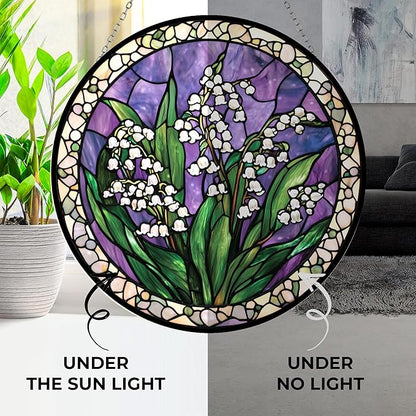 Lily of The Valley Stained Glass Sun Catcher Mountain Stained Glass Window Hanging, Suncatchers Lavender Wall Decor, for Women/Friends/Lover