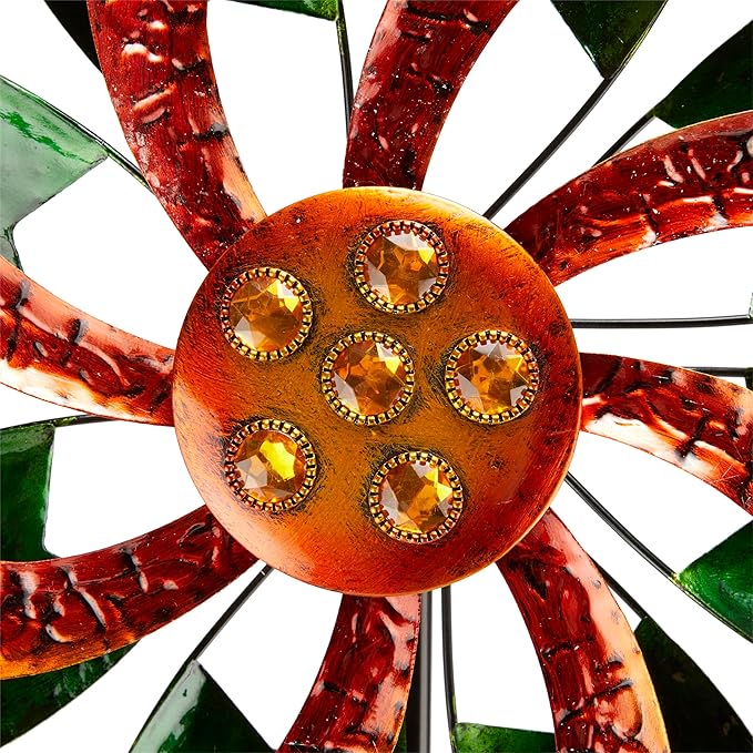 Alpine Corporation 64" Tall Floral Windmill Stake with Jeweled Kinetic Spinner, Green and Orange