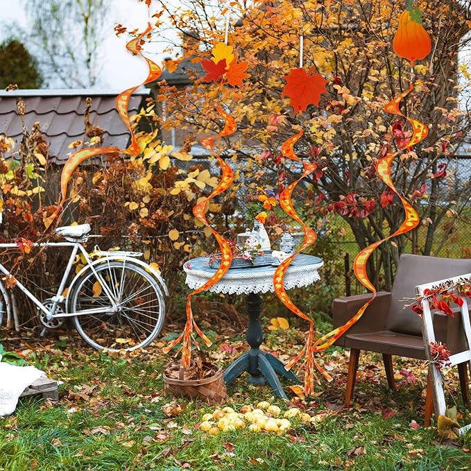 Beeveer 4 Pcs 57'' Fall Wind Socks Thanksgiving Wind Spinners for Outdoor Hanging Nylon Fabric Maple Pumpkin Windsock Leaf Streamers for Fall Autumn Decorations Windmill to Scare Birds Away
