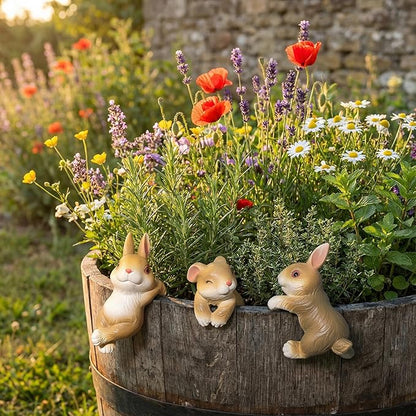 3Pack Rabbit Garden Decor Hanging Rabbit Statue,Cute Garden Rabbit Outdoor Decor for Flower Pots, Indoor Shelf & Patio, Funny Rabbit Ornament Gift for Flower Pot Garden Decor