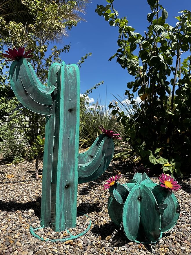 Colorful Metal Saguaro Cactus with Flowers - Handmade Garden Decor (Turquoise)
