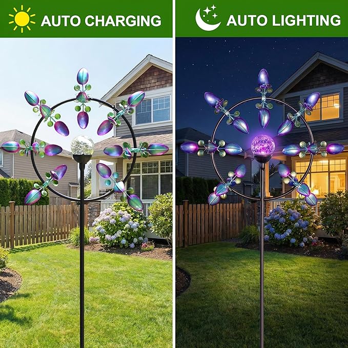 Large Solar Wind Spinner for Yard and Garden – 360° Kinetic Metal Wind Sculpture with LED Crackle Glass Ball, Waterproof Outdoor Stake Decor for Patio, Lawn & Backyard Art Decoration