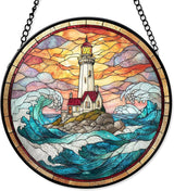 7.8" Lighthouse Suncatcher Stained Glass Window Hanging Ocean Light House Sun Catchers Blue Coastal Ornaments Wall Art Home Garden Room Door Decor Birthday for Women Men