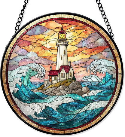 7.8" Lighthouse Suncatcher Stained Glass Window Hanging Ocean Light House Sun Catchers Blue Coastal Ornaments Wall Art Home Garden Room Door Decor Birthday for Women Men