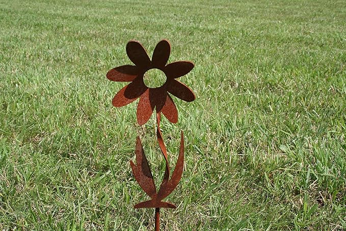 Metal Rustic and Colorful Flower Stakes Ranging from 9.5 to 36 Inches Tall (Twisted Daisy Stake 9.5" Tall, Naturally Rusted)