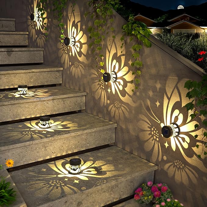 Hapjoy Solar Fence Lights 4 Pack Solar Deck Lamps Outdoor Decorations Powered Step Lights Wall Waterproof LED Warm Decorative Lighting for Garden (Butterfly-Flower, 4)