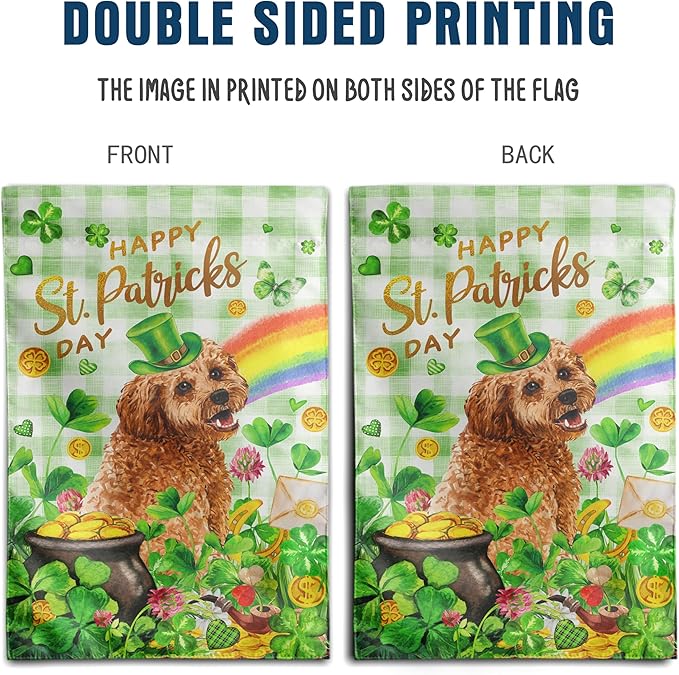 Golden Doodle St Patricks Day Garden Flag Dog St Patrick's Day Yard Flags for Outside 12x18 Double Sided Buffalo Plaid Shamrock Flag Small Outdoor Rainbow St Patrick's Decor