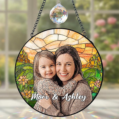 Personalized Mothers Day Stained Glass Windows Hanging, Mom Picture Suncatcher Ornament, Custom Photo Gift for Mom, Birthday Mother Grandma Gifts from Daughter Kids