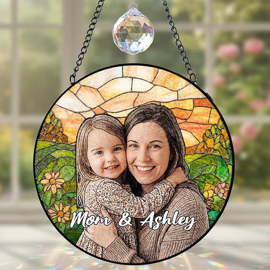 Personalized Mothers Day Stained Glass Windows Hanging, Mom Picture Suncatcher Ornament, Custom Photo Gift for Mom, Birthday Mother Grandma Gifts from Daughter Kids