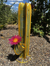 Colorful Metal Saguaro Cactus with Flowers - Handmade Garden Decor (Yellow)