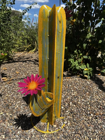 Colorful Metal Saguaro Cactus with Flowers - Handmade Garden Decor (Yellow)
