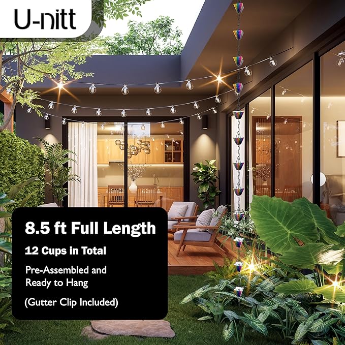 U-nitt Rain Chain Water Collection for Gutters Rainwater Catcher & Diverter, 8.5 FT Chains for Outside Garden, Rainbow Square Cups, Roof Downspout, Works with Heavy Rain, w/ Gutter Clip for Rainchains