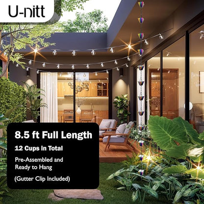U-nitt Rain Chain Water Collection for Gutters Rainwater Catcher & Diverter, 8.5 FT Chains for Outside Garden, Rainbow Square Cups, Roof Downspout, Works with Heavy Rain, w/ Gutter Clip for Rainchains