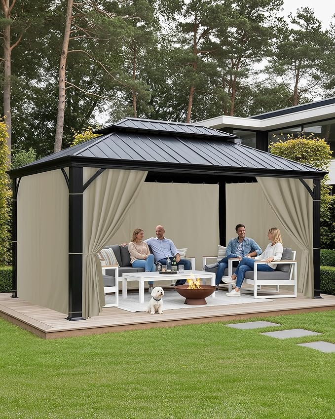Patio Curtains Outdoor Waterproof - 10'Wx12'Lx7'H Weatherproof Pergola Outside Curtains, Gazebo Universal Replacement Privacy Curtains, 4 Panels Sidewall Drapes with Zipper, Taupe