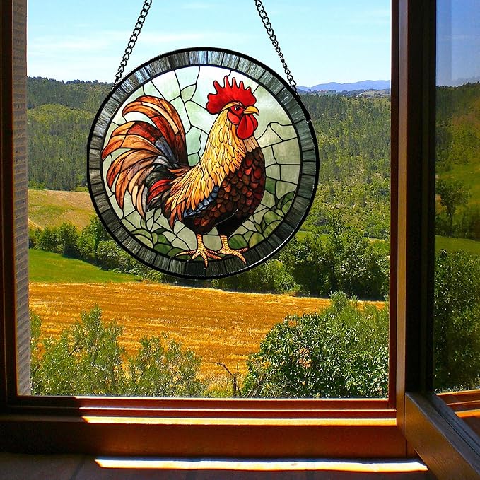 Stained Glass Window Hanging - Rooster Suncatcher for Doors Garden Patio Retro PColored Chicken Sun Catchers Decor Christmas Mother's Day Birthday Gifts for Women Men Mom Nana Friend 9.8 in