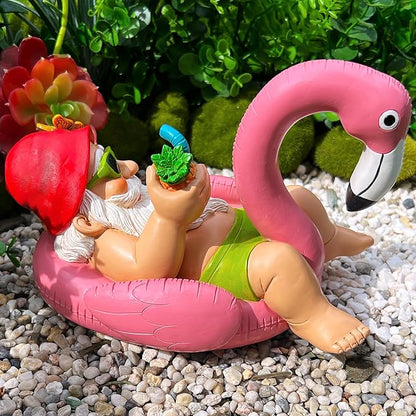 Mood Lab Garden Gnome on Flamingo - Funny Gnome Figurine - 8 Inch Depth Lawn Statue - for Outdoor or House Decor