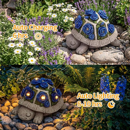 Solar Garden Outdoor Decor Turtle Statue with Dark Blue Roses & 7 LED Lights – Outside Tortoise Decor for Yard Patio Balcony & Backyard - Home House Decoration Art- Gift for Women Mom & Grandma