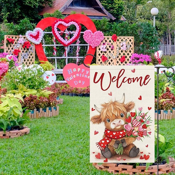 Heyfibro Welcome Valentine's Day Highland Cow Garden Flag 12 x 18 Inch Double Sided Burlap, Floral Heart Bouquet & Red Scarf Yard Flag for Outdoor Romantic Holiday Decoration (ONLY FLAG)