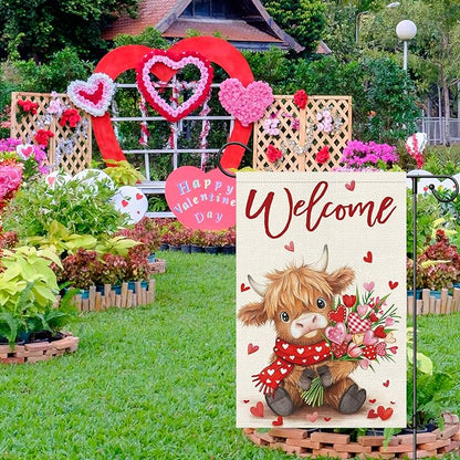 Heyfibro Welcome Valentine's Day Highland Cow Garden Flag 12 x 18 Inch Double Sided Burlap, Floral Heart Bouquet & Red Scarf Yard Flag for Outdoor Romantic Holiday Decoration (ONLY FLAG)