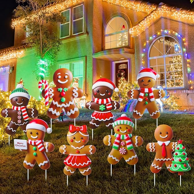 8 Pcs Christmas Gingerbread Man Yard Signs with Stakes Outdoor 3D Gingerbread House Decoration Xmas Yard Stakes Lawn Signs for Christmas Holiday Pathway Garden Patio Party Favors(Classic)