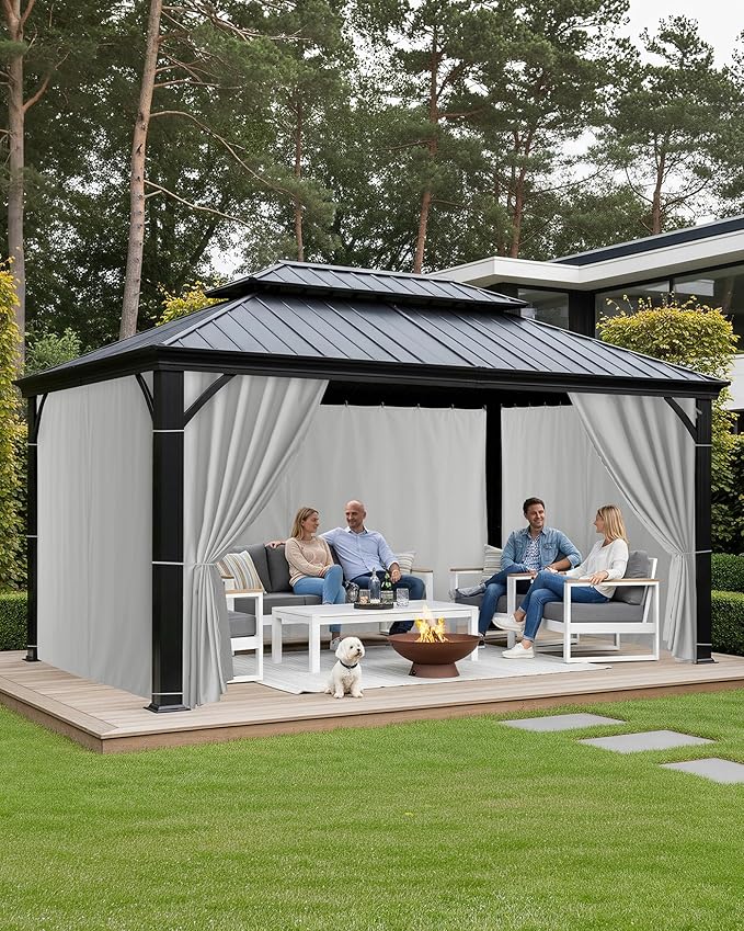 Gazebo Curtains Outdoor Waterproof - 10'Wx12'Lx7.9'H Gazebo Universal Replacement Privacy Curtains, 4 Panels Sidewall Drapes with Zipper for Patio Pergola Garden Backyard, Silver