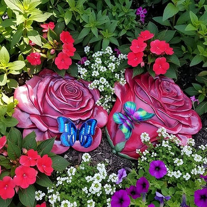 Simulated rose home decor gift - outdoor garden landscape flower stepping stone - rose for mothers, sisters, besties, grandmothers, and maternal grandmothers as a festive gift - 2-piece set, red
