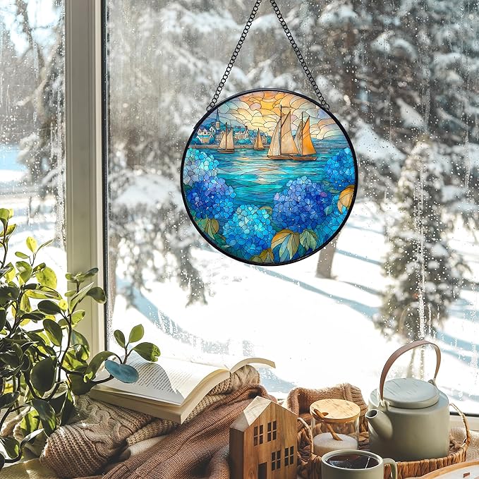Coastal Sailboat Hydrangea Flower Stained Glass Window Hanging Suncatchers, Ocean Beach Sun Catchers Indoor Window Glass Wall Art Decor, Nautical Wall Hanging Decorations Sculptures, 7.9x7.9in