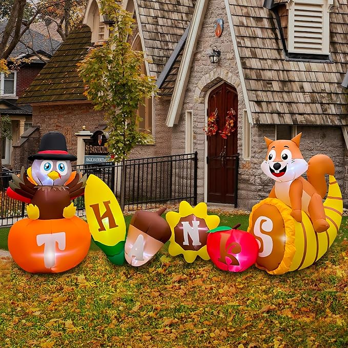 SEASONBLOW 8FT Thanksgiving Inflatable Turkey with Pumpkin Outdoor Decorations, LED Light Up Thanksgiving Blow Up Turkey with Corn Squirrel and Cornucopia for Celebrate Autumns Fall Harvest Yard Decor