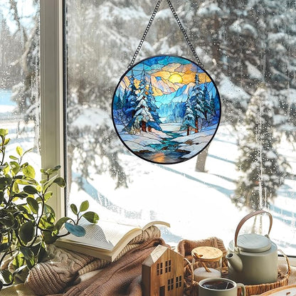 Winter Christmas Stained Glass Window Hanging Suncatchers, Winter Mountain Landscape Sun Catchers Indoor Window Glass Wall Art Decor, Christmas Wall Hanging Decorations Sculptures, 7.9x7.9in