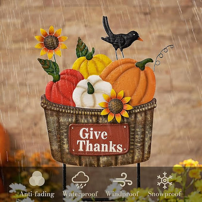 TERESA'S COLLECTIONS Fall Decorations for Outdoor Home, Pumpkin Fall Garden Decor, Autumn Metal Yard Signs Stake Lawn Sunflower for Thanksgiving Decorations, Harvest Outside Patio Party Gifts, 28 in