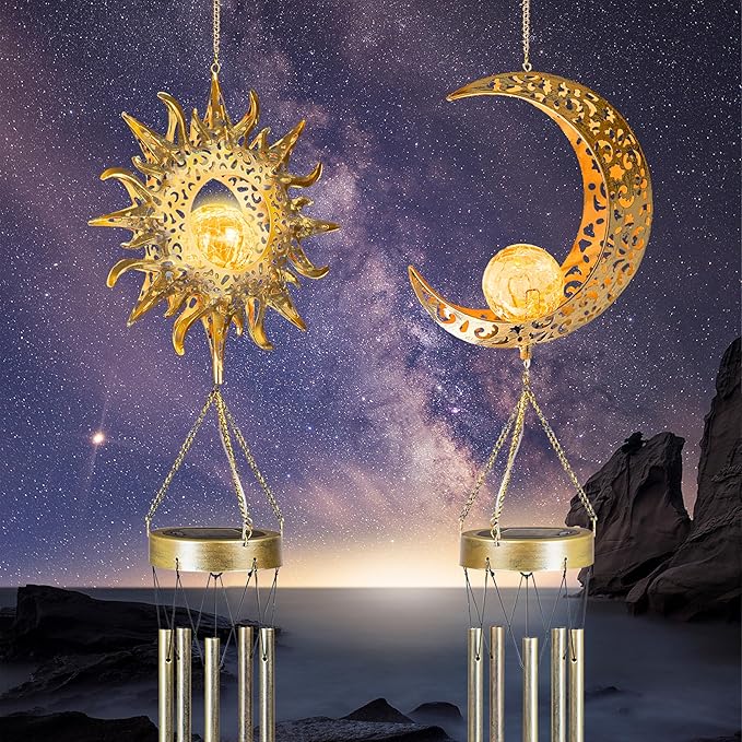 Moon Sun Wind Chimes for Outside Lights Gifts for Mom Wife Unique Crackle Glass LED Warm Light Outdoor Hanging Decor Windchimes for Garden Yard Patio Christmas Birthday Mothers Day