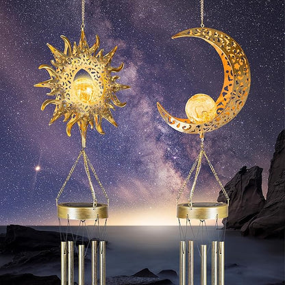 Moon Sun Wind Chimes for Outside Lights Gifts for Mom Wife Unique Crackle Glass LED Warm Light Outdoor Hanging Decor Windchimes for Garden Yard Patio Christmas Birthday Mothers Day