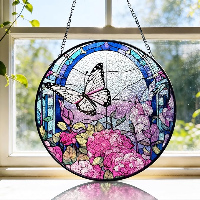 AELS Stained Glass 7.87" Round Suncatcher, Colorful Sun Catcher for Home Garden Window Decor, Window Hanging Ornament Gift for Friends and Family, Butterfly