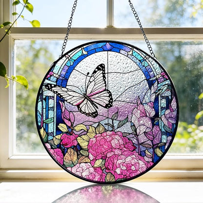 AELS Stained Glass 7.87" Round Suncatcher, Colorful Sun Catcher for Home Garden Window Decor, Window Hanging Ornament Gift for Friends and Family, Butterfly