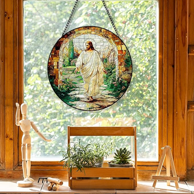 He is Risen Resurrection of Jesus Suncatcher Stained Glass Window Hanging, Christian Jesus Sun Catchers Indoor Window Glass Round Wall Decor, Religious Wall Art Hanging Decorations, ＂7.8x7.8＂