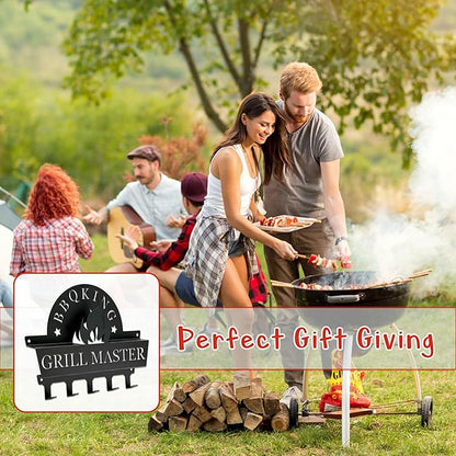 Wall Mount BBQ Tool Holder - Grill Master BBQ Utensil Holder for Outdoor Grill Barbeque Wall Organizer with 5 Hooks, Metal BBQ Accessorie Hanger for Backyard Patio & Porch, Men Cave Father’s Day Gift