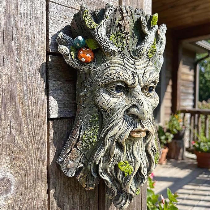 10" Whimsical Tree Face Sculpture, Garden Peeker Statue, Outdoor Trunk Tree Huggers Art, Landscape Accent Ornament, Hanging Fairy Elve Figurine for Yard Art, Trees Decor Wall Mounted Statues
