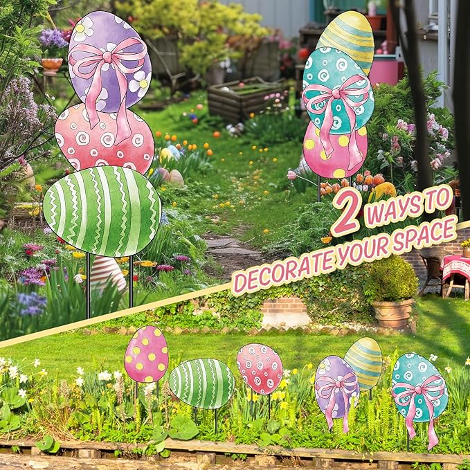 AnyDesign Easter Garden Stakes Welcome Metal Yard Sign Easter Decorations Outdoor Stacked Egg with Bow Decorative Lawn Sign for Spring Farmhouse Home Outside Lawn Porch Walkway Decor, 2 Sets